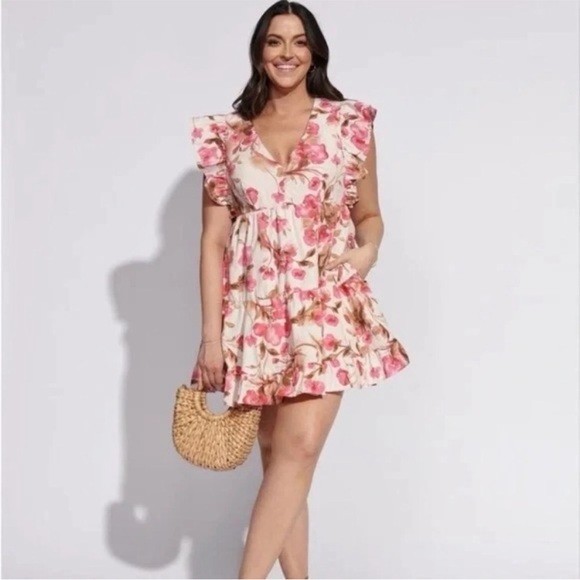Abercrombie & Fitch Dresses & Skirts - Abercrombie & Fitch V Neck Ruffle Sleeve Floral Mini Dress Pink Cream XXXL Tall